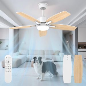 Silencieux Ventilateur Plafond avec Lumiere et Telecommande, 106cm Dimmable Lampe Ventilateur Plafond LED avec 5 Pales Doubles, Bois Clair/Blanc pour Chambre, Salon, Minuterie, 6 Vitesses [Classe énergétique D]